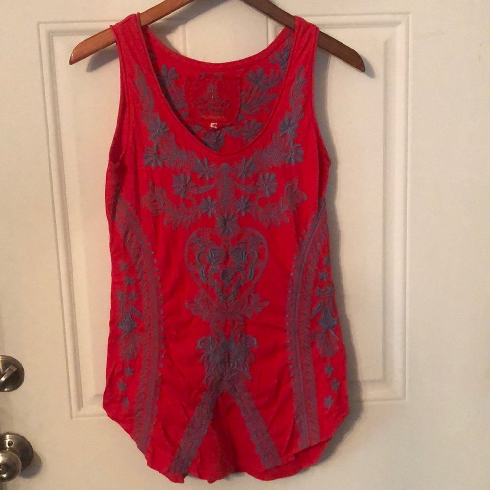 Johnny Was Raspberry and Blue Embroidered Tank Top